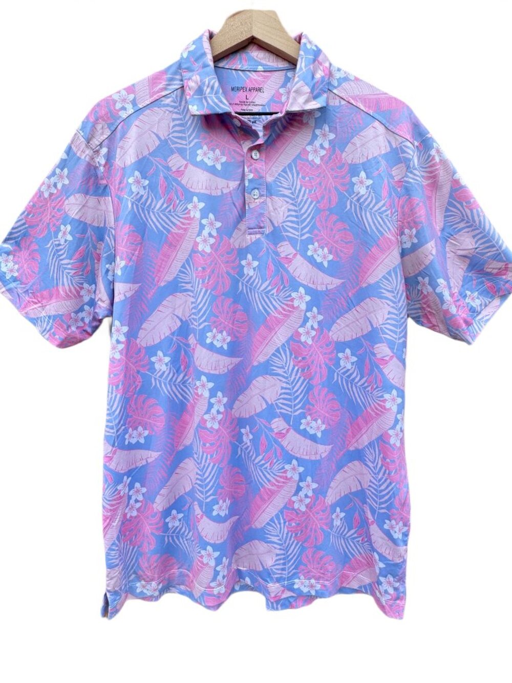 Meripex Apparel Golf Polo Mens Large Pink Blue Floral Athleisure Resortwear